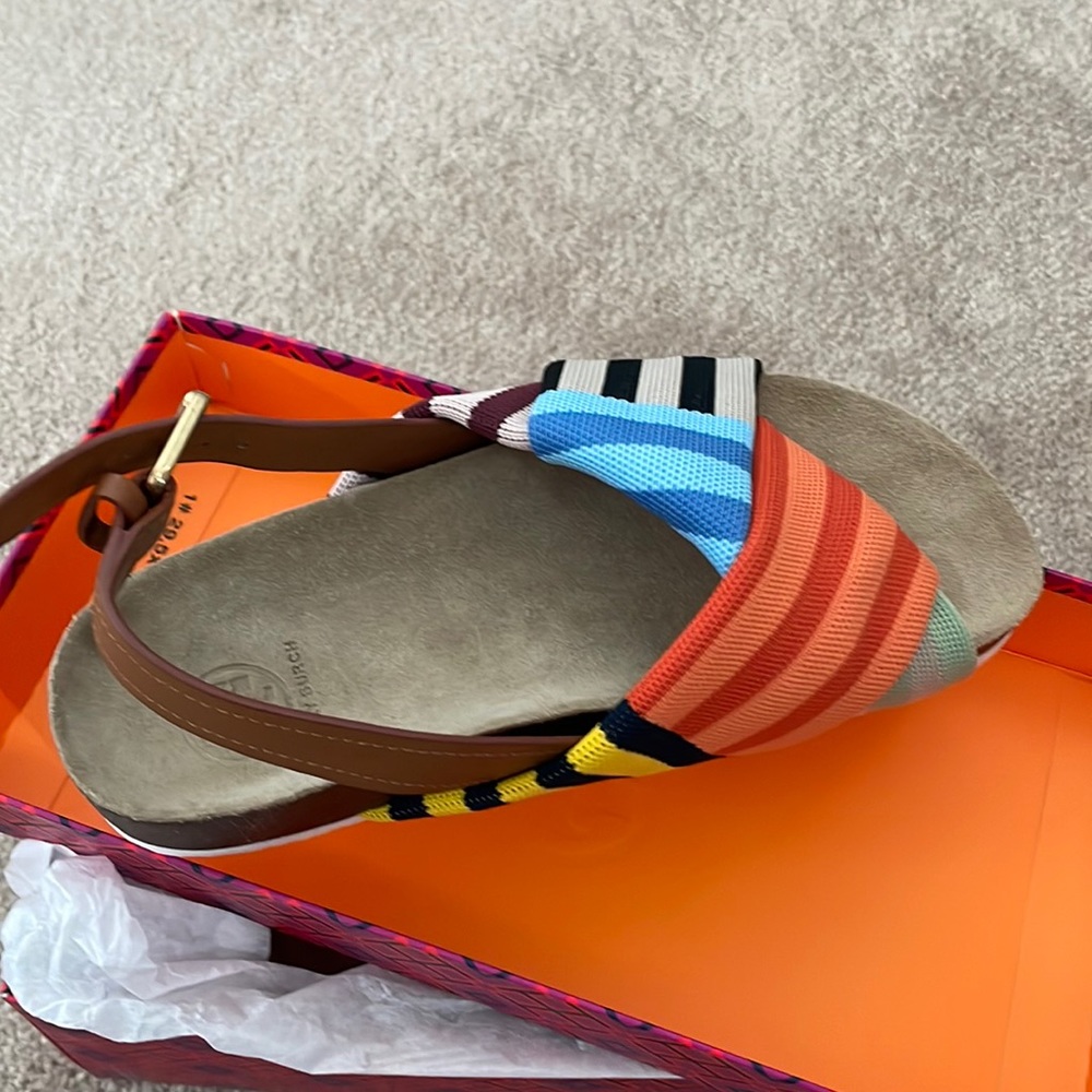 Tory Burch Corey Platform Sandal- multi patchwork stripe.  Size 6.  Never worn